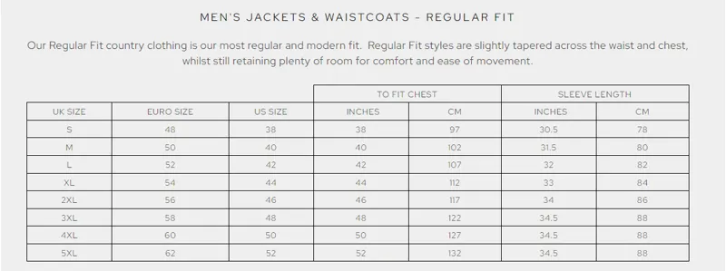 alan paine mens regular fit size chart